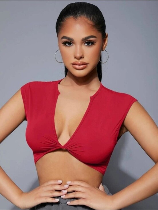 Tops - Red Deep V Twist-Front Sleeveless Crop Top